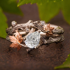 Birne Diamant Zweig und Ahornblatt Ring, Birne Moissanite Zweig und Ahornblatt Ring