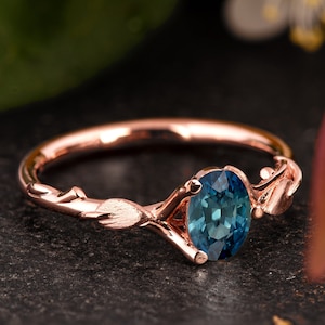 Leaves Engagement Ring, Teal Sapphire Ring, Blue Green Sapphire Ring
