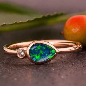 Black Opal Engagement Ring, Black Opal Diamond Ring, Pear Opal Diamond Ring