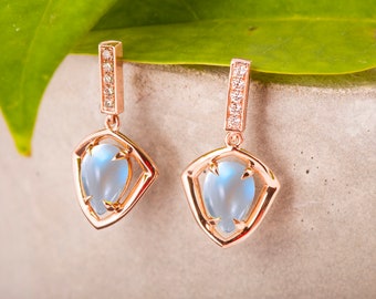Rose Gold Moonstone Earrings Pear Diamond Dangles (Handcrafted)