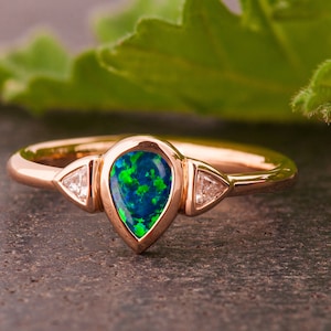 Black Opal Engagement Ring, Black Opal Diamond Ring, Pear Opal Diamond Ring