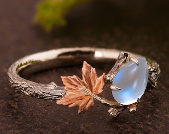 Twig and Leaf Bridal Set Moonstone Engagement Ring Maple - Etsy