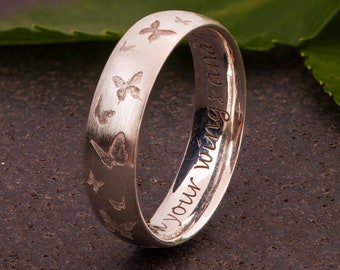 Butterflies Engraved Band, Butterfly Ring, Comfort Fit Ring, Personalized Ring, 6mm Wide Band