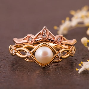 Pearl Bridal Set, Pearl Engagement Ring, Celtic Engagement Ring, Celtic Pearl Ring