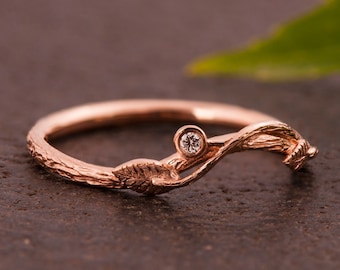 Dainty Twig and Leaf Wedding Rings - Delicate Diamond Bands