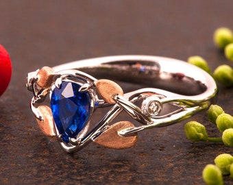 Pear Sapphire Engagement Ring, Leaves Sapphire Ring, Leaf Ring, Two Toned Sapphire Ring
