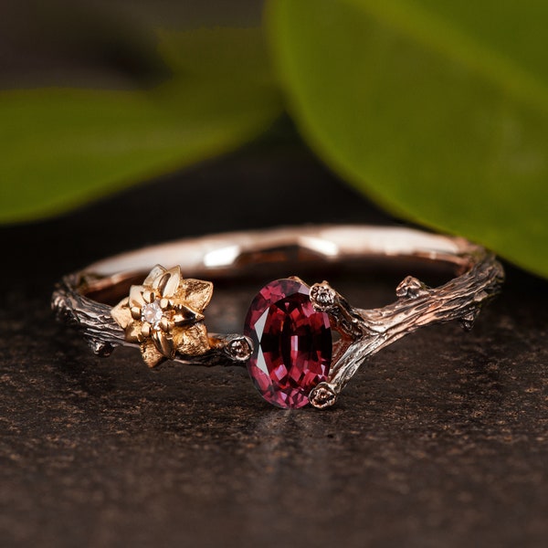 Twig and Flower Oval Ruby Engagement Ring