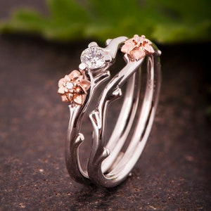 Two Tone Twig Bridal Set with Moissanite and Diamond, Flower Engagement Ring