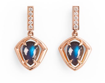 Oorbellen labradoriet: roségoud en natuurlijke diamanten (fair trade)