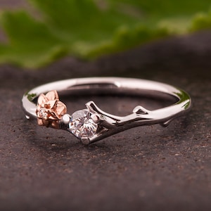 Two Tone Twig Engagement Ring Set with Moissanite and Diamond, Flower Engagement Ring