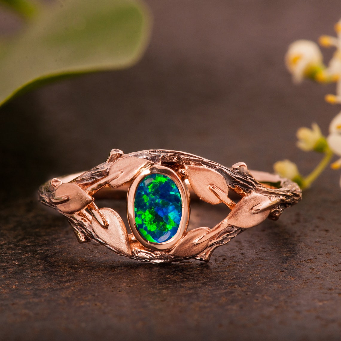 Black Opal Twig and Leaves Ring - Etsy