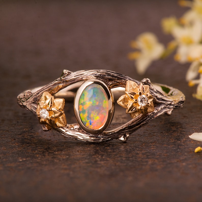 Opal Twig and Flowers Ring - Etsy