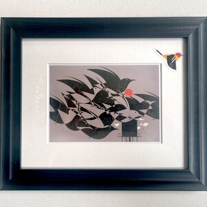 Framed Charley Harper Starling Birds Vintage Art: 1950s Illustration