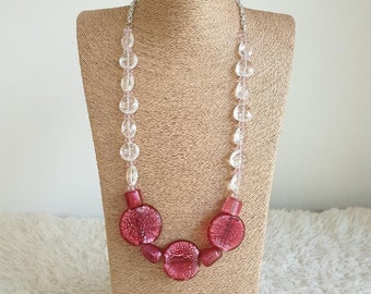 Long Pink and Clear Bead Necklace