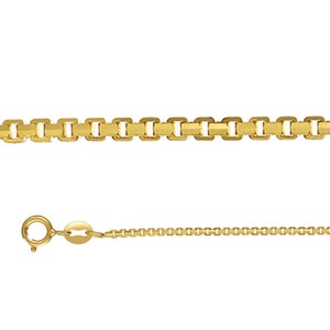 May include: A gold chain necklace with a box chain style. The chain is shown in two positions, one straight and one with a clasp.
