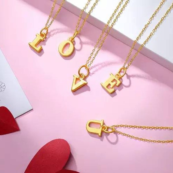 Real 999 24K pure gold Jewelry Initial Pendant Charm necklace with FREE S925 Chain, Solid Gold 24K Alphabet Letter  pendant necklace