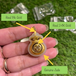 Genuine Jade Pendant with Real Gold Charm for Men Women Fine Jewelry, Pixiu Moneybag Laughing Buddha Jade  Lucky Pendant