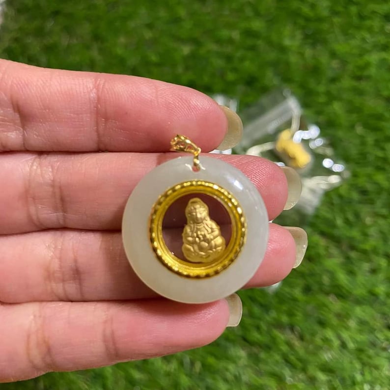 Genuine Jade Buddha Guanguan Yin 24K Gold Pendant With 18K Gold Bail