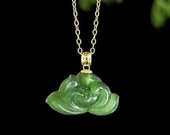 Jade Lotus Pendant: Green Jade Gemstone, 18k Solid Gold Necklace