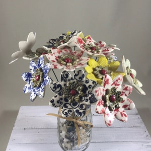 Porcelain flowers with pointed petals and stems your choice, for vase, home, garden, creative decore. Hand made. Ready to ship