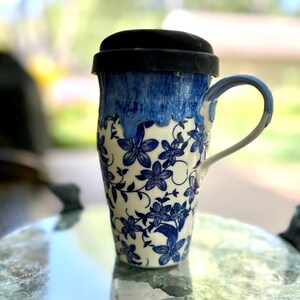 Porcelain travel mug handmade, Pottery travel mug,blue with flower pattern// travel mug with black silicone lid. Ready to ship