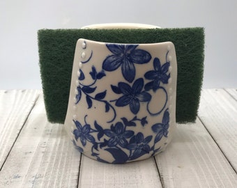 Wheel thrown blue flowered pottery sponge holder.  Ready to ship.