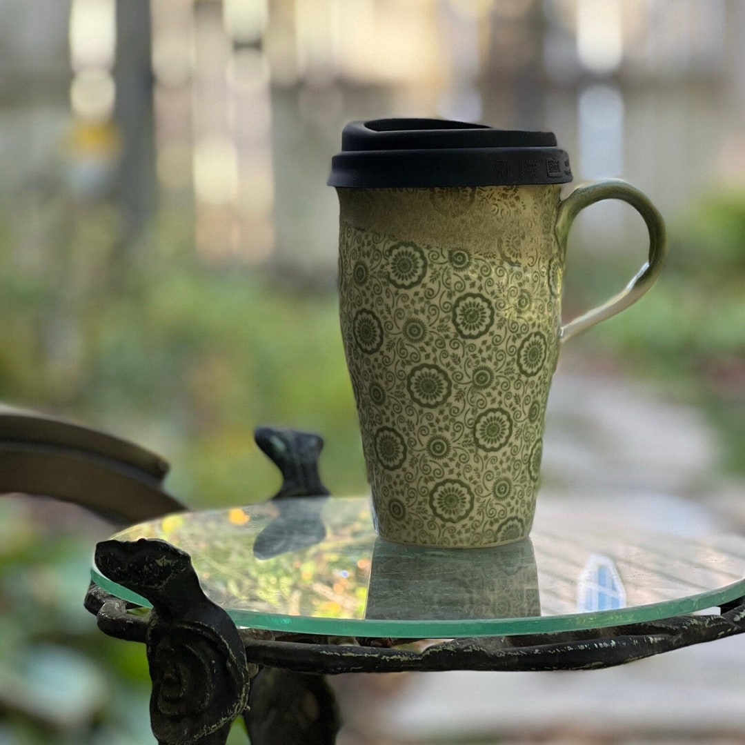 Porcelain Travel Mug Green Flower Design With Handle//black Silicone