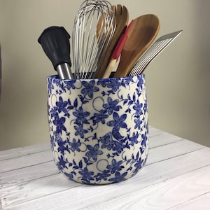Large stoneware utensil holder with blue flower design for kitchen, hand made, wheel thrown, ready to ship