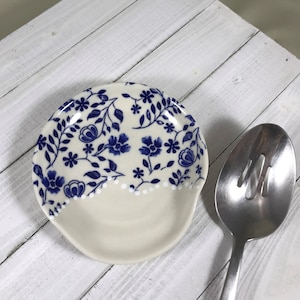 Wheel thrown spoon rest. blue flower design ladel rest.  Ready to ship