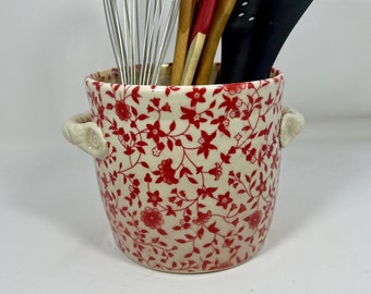 Large ceramic utensil holder with handles red flower design for kitchen, hand made, ready to ship