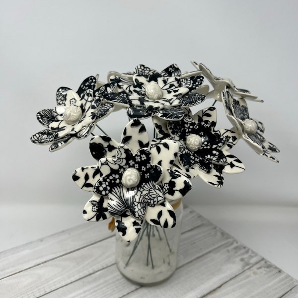 Black and white Porcelain flowers with pointed petals and stems your choice, for vase, home, garden. Hand made. Ready to ship