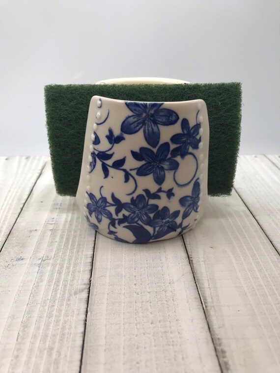 Blue Flowered Pottery Sponge Holder, Ready to Ship