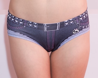Mutandine punk rock Daisy Dukes Cheeky Hipster Style. Stampa artistica in denim nero Rocker Chic.