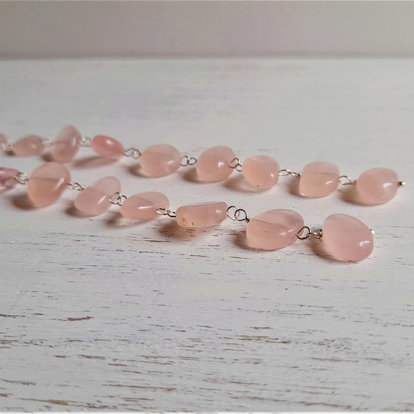 NATURAL ROSE QUARTZ - Very long pendant rosary earrings with rose quartz gems and colorless zircon, 925 silver components