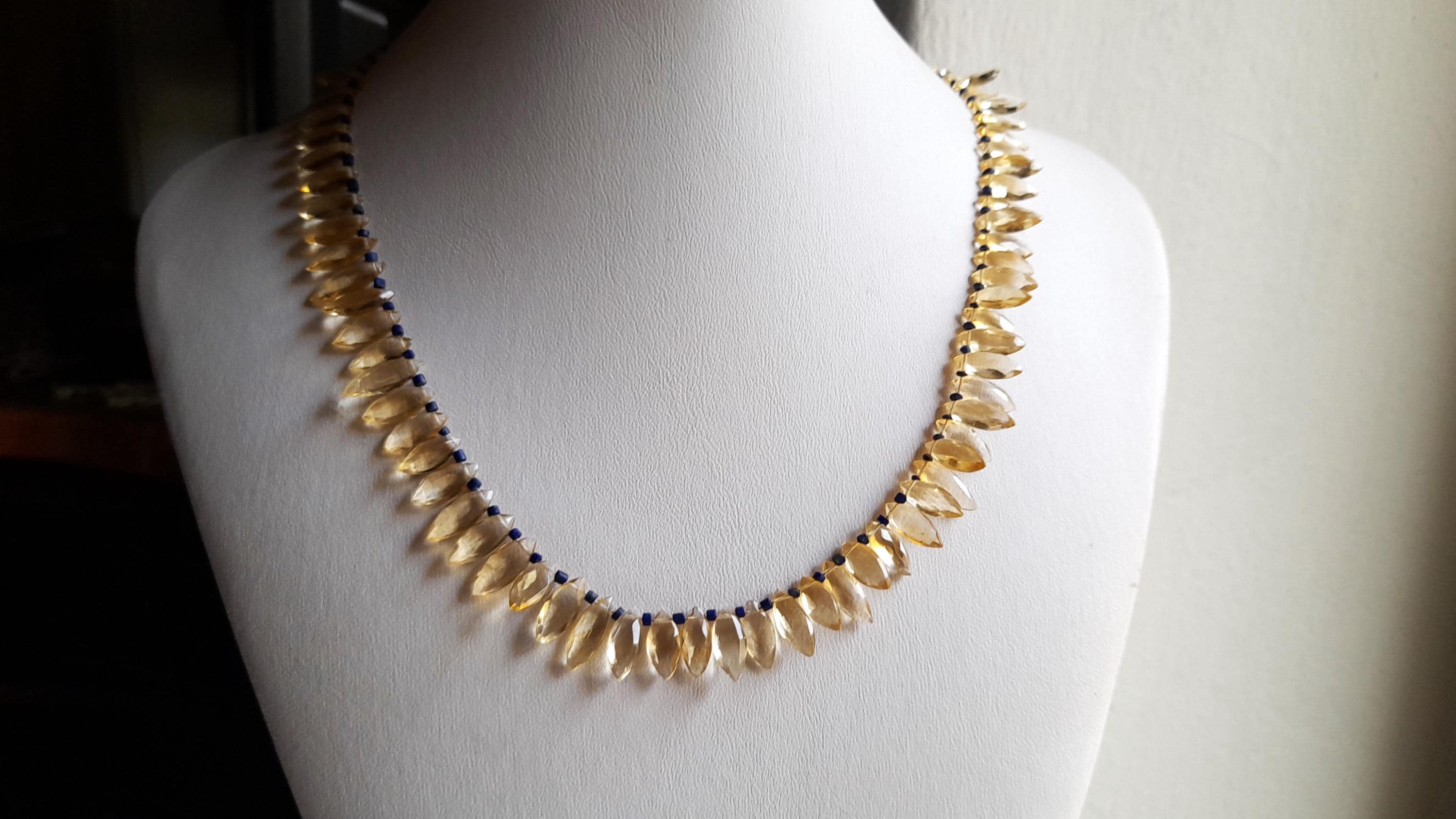 CITRINE QUARTZ & LAPIS LAZULI - Natural Citrine Quartz Gemstone & Afghan Lapis Lazuli Beads Necklace, 925 Silver Gold Plated
