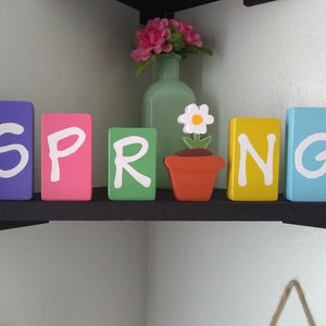 May include: Wooden blocks spelling out the word "SPRING" in colorful letters. A small flower pot with a white flower is in the center of the blocks.