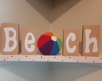 SUMMER BEACH w/Beach Ball BLOCKS - Summer Decor, Beach Blocks, Summer Decorating, Beach Decor, Summer Blocks, Wood Summer Decor