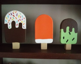 Summer ICE CREAM POPSICLES - Wood Blocks, Summer Decor, Ice Cream Decor, Kitchen Decor, Tiered Tray, Summer Wood Blocks, Gifts for the cook