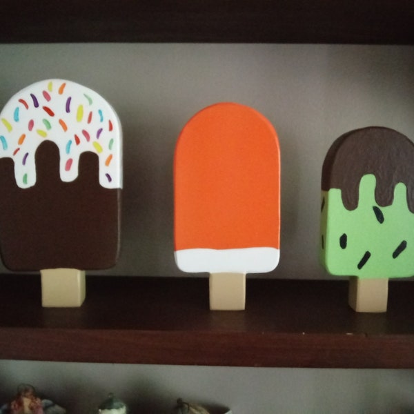 SUMMER ICE CREAM Popsicles - Wood Blocks, Summer Decor, Ice Cream Decor, Kitchen Decor, Tiered Tray, Summer Wood Blocks, Gifts for the cook