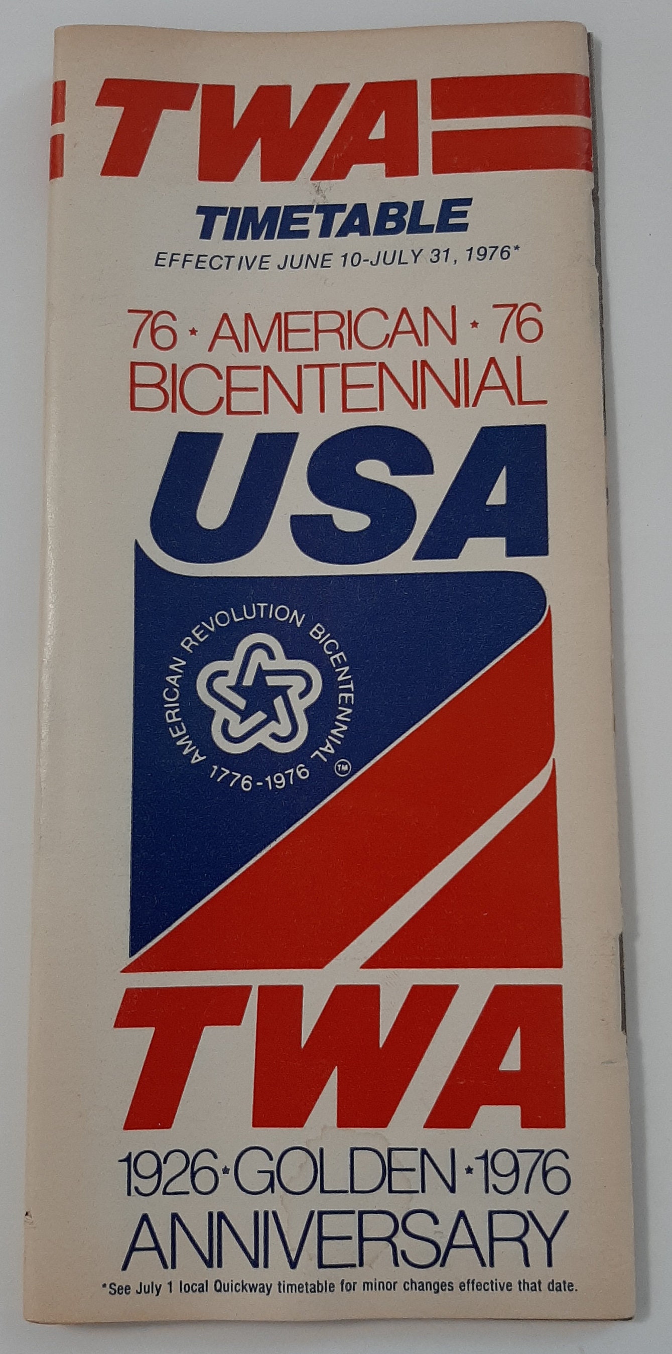 TWA Timetable June 10-Jul 31 1976 Bicentennial USA Golden Anniversary Pamphlet