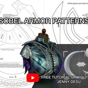 Peut inclure: Image d'Isobel Armor Patterns avec une pièce d'armure détaillée sur un mannequin. L'image comprend des motifs et du texte, dont "FREE TUTORIAL ON YOUTUBE JENNY DESU". L'armure semble être faite de matériau métallique.
