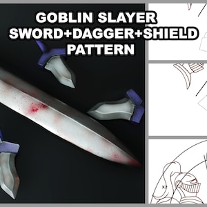 May include: A white sword with a purple and gold handle, four smaller daggers with purple handles, and a black background. The text "GOBLIN SLAYER SWORD+DAGGER+SHIELD PATTERN" is at the top of the image.