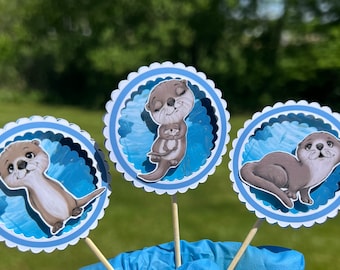 Otter Cupcake Toppers – Woodland Baby Shower Birthday Party Decorations