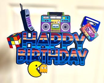 80s Retro Birthday Cake Topper – Neon 3D Party Decorations