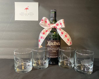 Hand Etched Fishing Glasses Set of 4