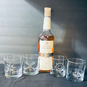 Nautical Boat Ship Themed Hand Etched Glasses (Set of 4)