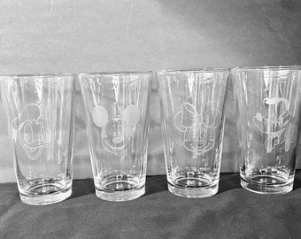 Disney Inspired Etched Glasses (set of 4) Mickey Mouse, Minnie Mouse, Donald Duck and Pluto
