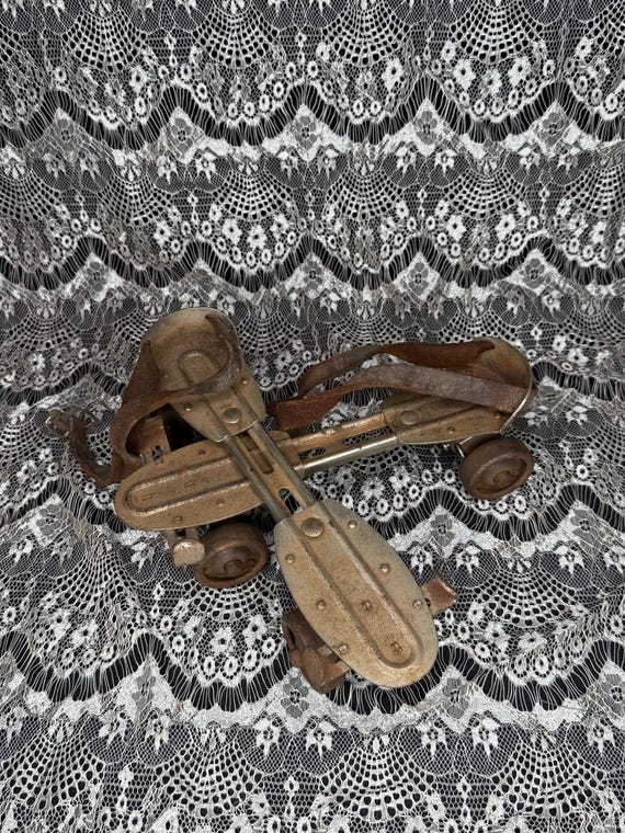 Antique Pair of Chicago Skate Co. Roller Stakes — Adjustable Metal Skate Wheels, Industrial Decor