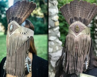 Shamans Hat,Hawks Tail, Shamans headdress, Unisex Headdress, Ceremonial Costume,Tribal, Pagan, Siberia, Nordic,Leather, Rutilated Quartz,