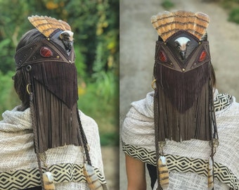 Shamans headdress, Long Eared Owl Tail, Owl Scull, Unisex Headdress, Ceremonial Costume,Tribal, Siberia, Nordic,Leather, Red Tigers Eye